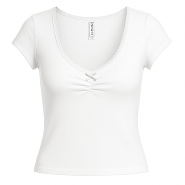 Scoop Neck Short Sleeve Lace Trim Ruched Crop Top