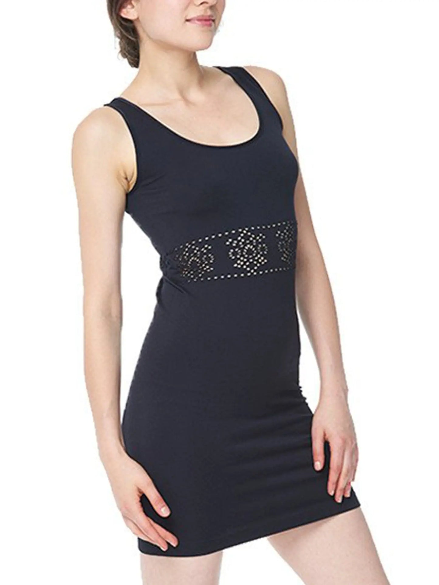 Black Classic Sleeveless Bodycon with Pointelle - Pointelle Tops - Under Control Collection