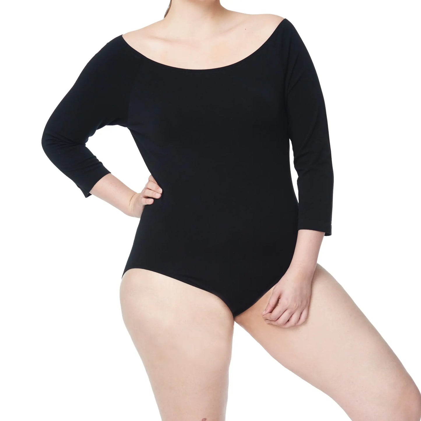 Women Plus Size Bodysuit, Boat Neck, 3/4 Sleeve Under Control