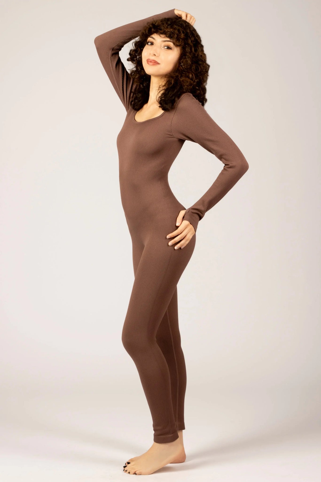 side view of brown longsleeve square neck bodysuit