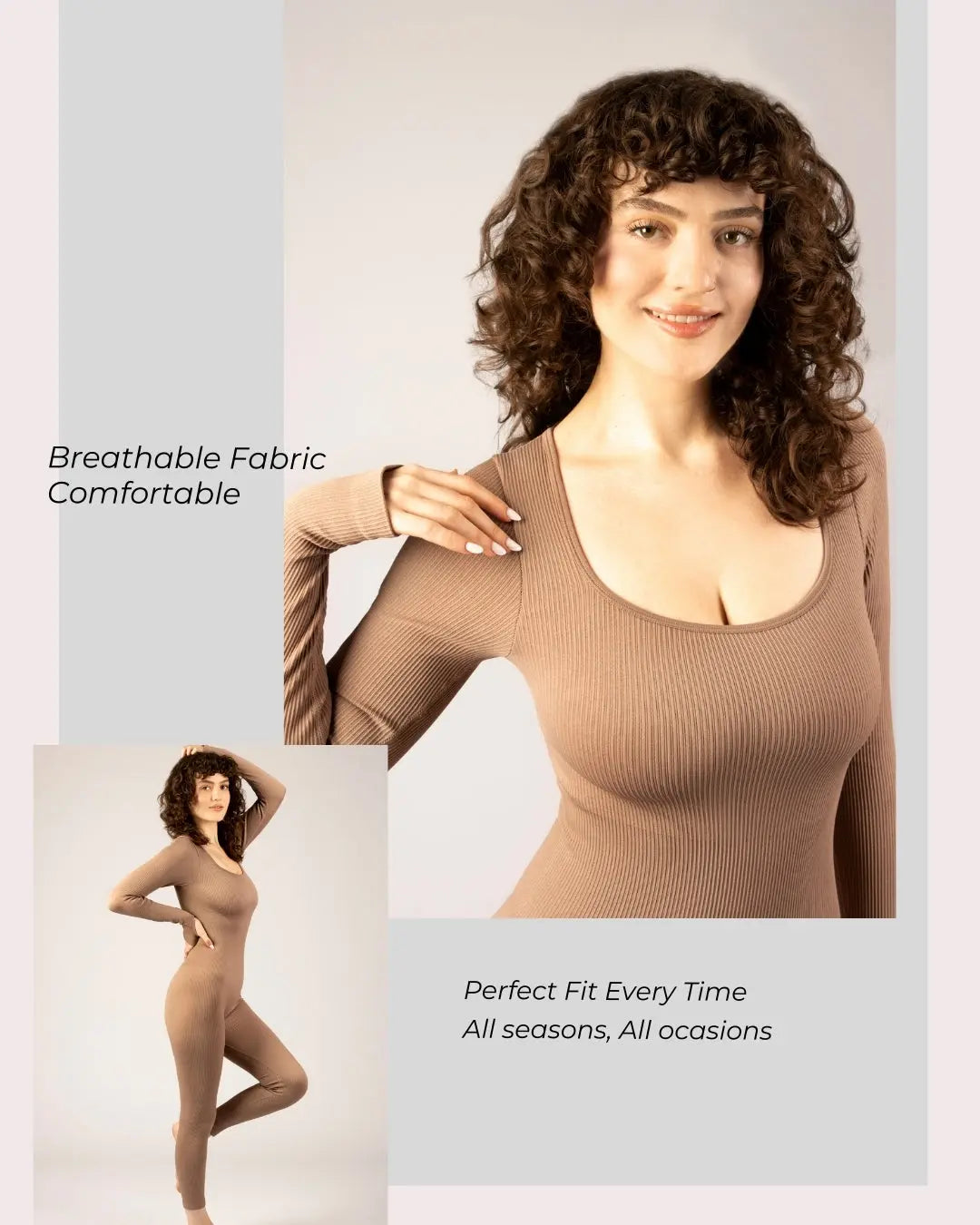 upclose and side profile of brown longsleeve square neck bodysuit