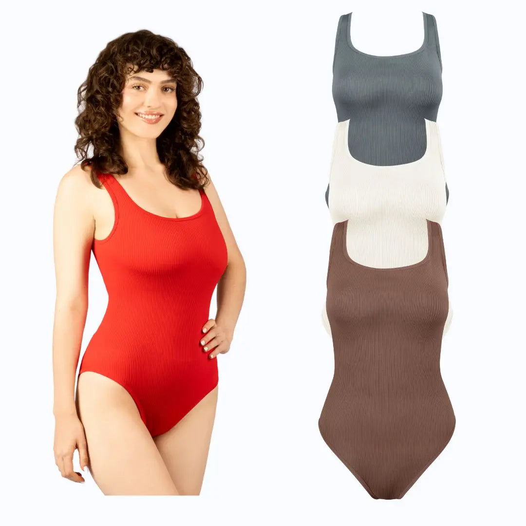 Change | 3-Piece Women's Square-Neck Bodysuit,Tummy Control Bodysuit, Tops, Womenswear Fit Spandex Sleeveless ribbed bodysuit Under Control