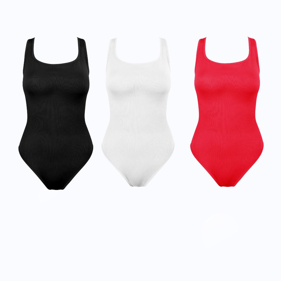 Under Control | 3-Piece Women's Square-Neck Bodysuit,Tummy Control Bodysuit, Tops, Womenswear Fit Spandex Sleeveless ribbed bodysuit