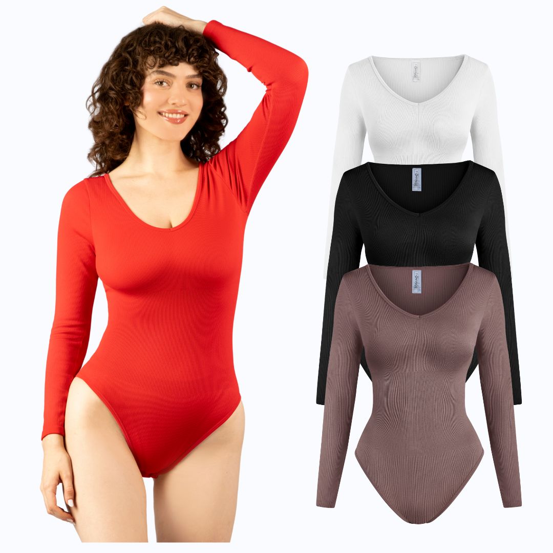 Under Control | 3-Piece V-Neck Shapewear Bodysuit Women's Long Sleeve Bodysuit, Ribbed, Snap Closure, Soft, Minimalist Design, Available in Multiple Colors