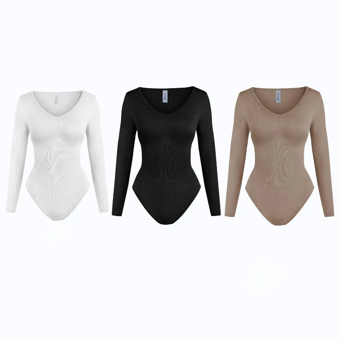 Change | 3-Piece V-Neck Shapewear Bodysuit Women's Long Sleeve Bodysuit, Ribbed, Snap Closure, Soft, Minimalist Design, Available in Multiple Colors Under Control