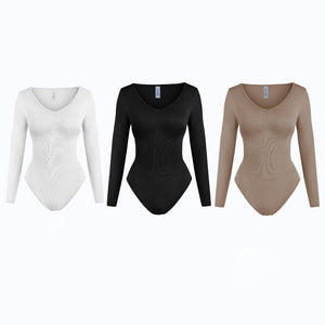 Under Control | 3-Piece V-Neck Shapewear Bodysuit Women's Long Sleeve Bodysuit, Ribbed, Snap Closure, Soft, Minimalist Design, Available in Multiple Colors