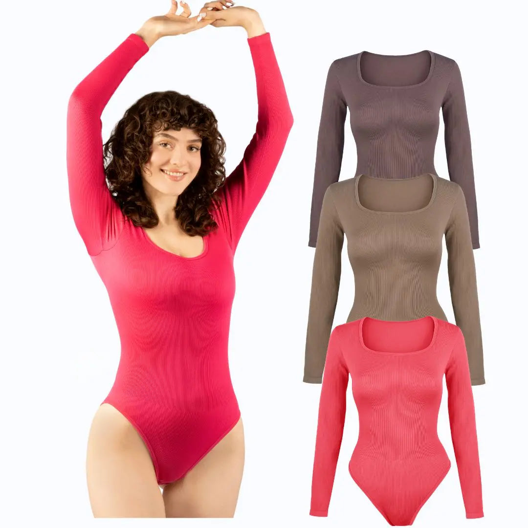Change | 3 Pieces Plain Square Neck Women Long Sleeve Bodysuit Under Control