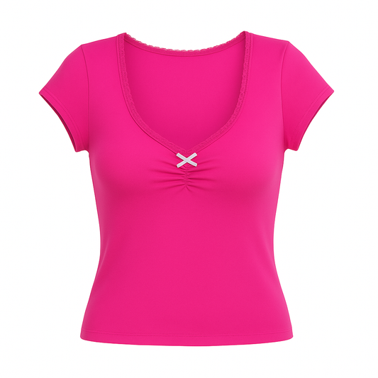 Scoop Neck Short Sleeve Lace Trim Ruched Crop Top