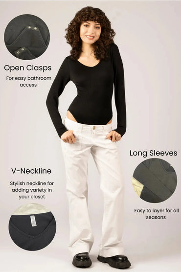 Change | One Piece V-Neck Shapewear Bodysuit Women's LongUnder Control | Sleeve Bodysuit, Ribbed, Snap Closure, Soft, Minimalist Design, Available in Multiple Colors Under Control