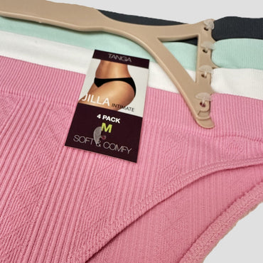 Jilla Intimate Women's 4-Pack Tanga Underwear – Soft & Comfy (Pink, White, Teal, & Charcoal)