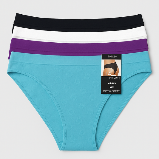Jilla Intimate Women's 4-Pack Tanga Underwear – Soft & Comfy (Blue, Purple, White, & Black)