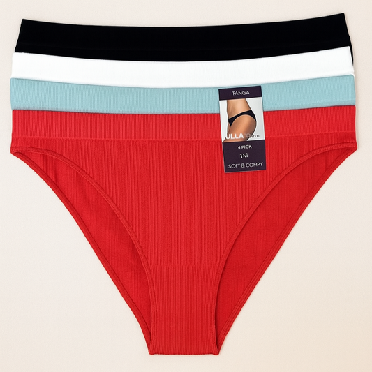 Jilla Intimate Women's 4-Pack Tanga Underwear – Soft & Comfy (Red, Teal, White, & Black)