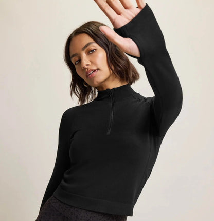 Jilla Active | EXPLORE ORGANIC FIBER LONG SLEEVE TOP - Half Zip High Neck Thumbholes Top Jilla Active
